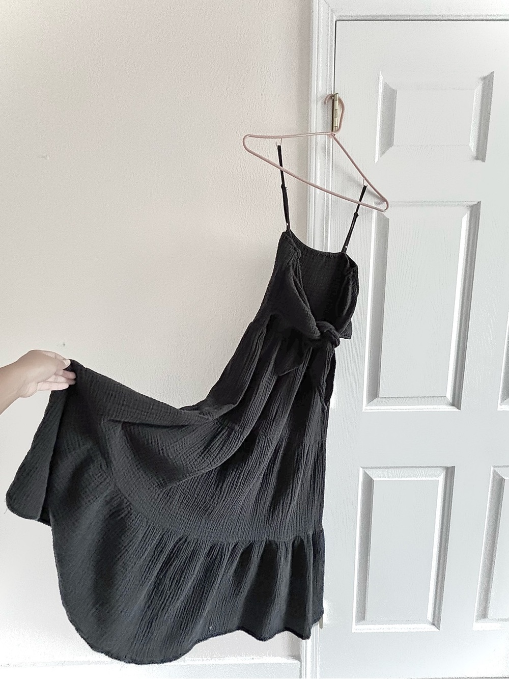 Black Tiered Crinkle Cotton Gauze Midi Sundress Boho with Tie Front M